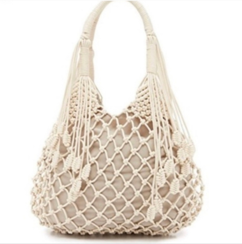 Monserat De Lucca Beige Macramé Shoulder Bag